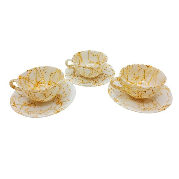 Vintage Hazel Atlas Spagetti Splatter Marbled Milk Glass Tea Cup & Saucer Set Of - Picture 10 of 11